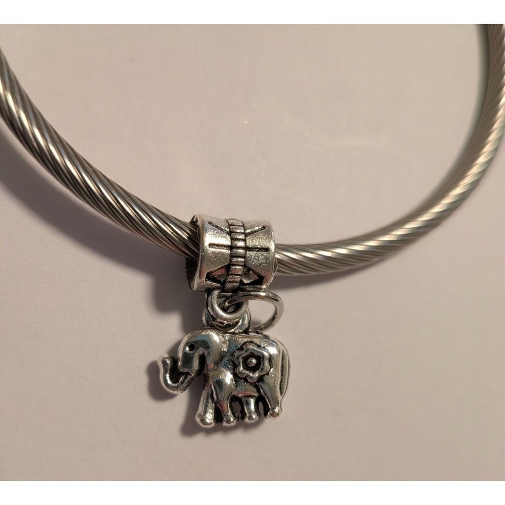 Silver Elephant Charm Floral Detail Slider Bead for Cable Bracelet Womens